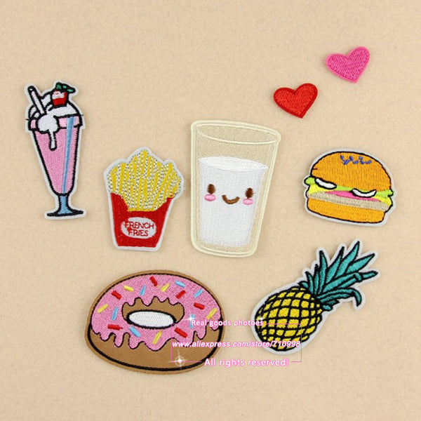 7 Sets, Assorted Popcorn Drinks Hamburger Raionbow Fruit Embroidered Iron On cartoon Patches Fashion Appliques for kids