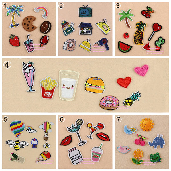 7 Sets, Assorted Popcorn Drinks Hamburger Raionbow Fruit Embroidered Iron On cartoon Patches Fashion Appliques for kids