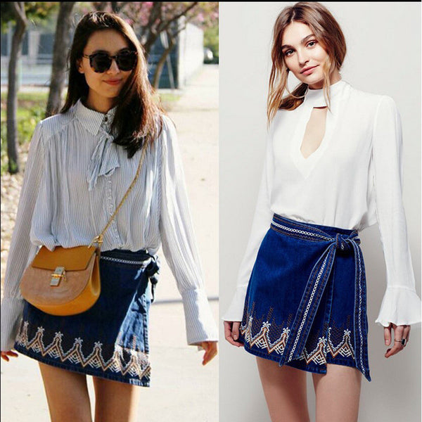 skirt denim embroidery mini empire navy summer sexy boho bohemian hippie chic style people brand women clothing 2017