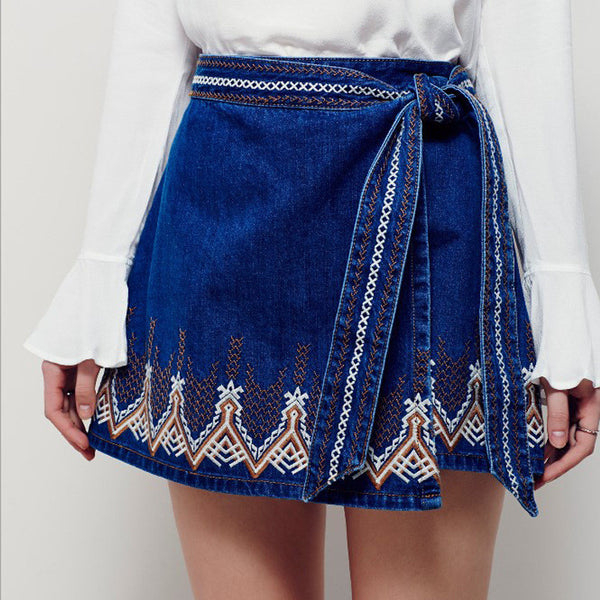 skirt denim embroidery mini empire navy summer sexy boho bohemian hippie chic style people brand women clothing 2017