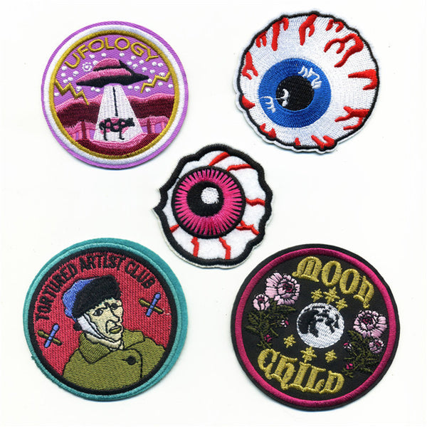 Newest Iron On Sticker Embroidery Patches Delicate Round UFO Moon And Eyes Motif Beauty Applique For DIY Cloth And Bags Acc