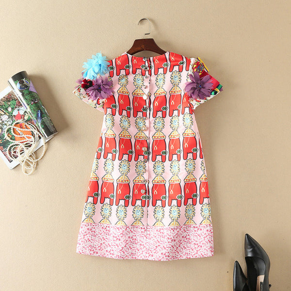 Novelty Dress New 2017 Summer Fashion High Street Women Sweet Print Luxury Appliques Diamonds Above Knee Designer Dress
