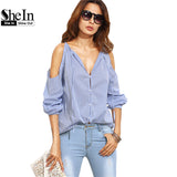 SheIn Womens Tops Fashion 2016 Ladies Casual Blouses For Autumn Blue Striped V Neck Cold Shoulder Long Sleeve Blouse