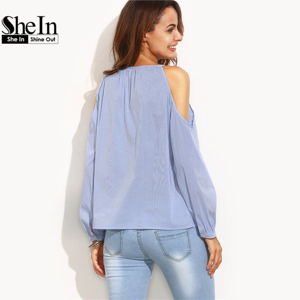 SheIn Womens Tops Fashion 2016 Ladies Casual Blouses For Autumn Blue Striped V Neck Cold Shoulder Long Sleeve Blouse