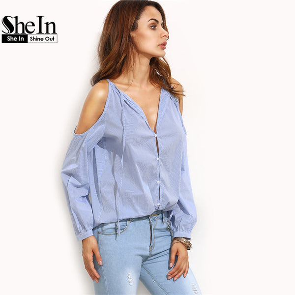 SheIn Womens Tops Fashion 2016 Ladies Casual Blouses For Autumn Blue Striped V Neck Cold Shoulder Long Sleeve Blouse