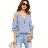 SheIn Womens Tops Fashion 2016 Ladies Casual Blouses For Autumn Blue Striped V Neck Cold Shoulder Long Sleeve Blouse