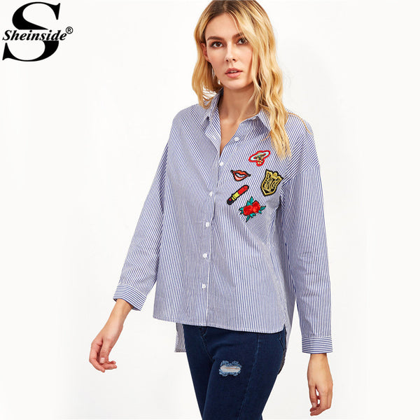 Sheinside Womens Fashion Clothing Embroidered Womens Shirts Blue Vertical Striped High Low Embroidered Blouse