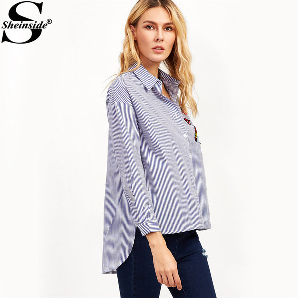 Sheinside Womens Fashion Clothing Embroidered Womens Shirts Blue Vertical Striped High Low Embroidered Blouse