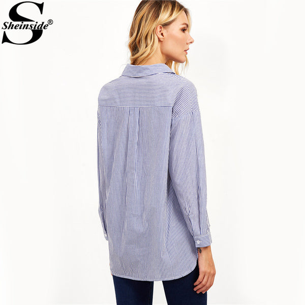 Sheinside Womens Fashion Clothing Embroidered Womens Shirts Blue Vertical Striped High Low Embroidered Blouse