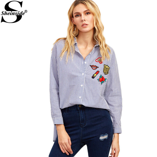 Sheinside Womens Fashion Clothing Embroidered Womens Shirts Blue Vertical Striped High Low Embroidered Blouse