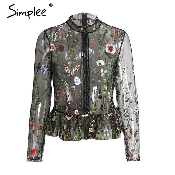 Simplee Black flower embroidery blouse shirt Women tops blouse chemise femme camisa Transparent long sleeve summer 2017 blusas