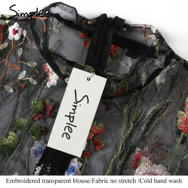 Simplee Black flower embroidery blouse shirt Women tops blouse chemise femme camisa Transparent long sleeve summer 2017 blusas