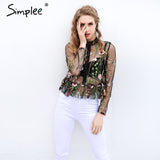 Simplee Black flower embroidery blouse shirt Women tops blouse chemise femme camisa Transparent long sleeve summer 2017 blusas