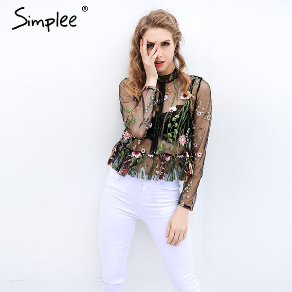 Simplee Black flower embroidery blouse shirt Women tops blouse chemise femme camisa Transparent long sleeve summer 2017 blusas