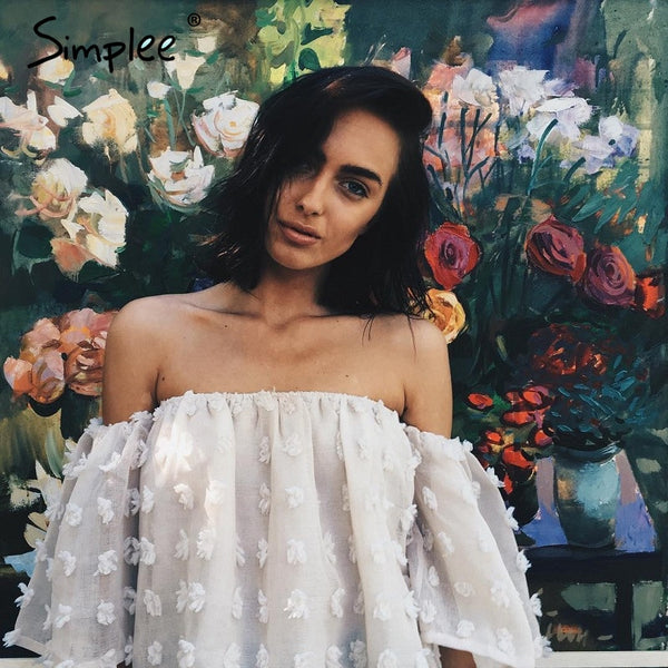Simplee Sexy off shoulder chiffon blouse women Summer flare sleeve lace blouse Elegant beach party blusas 2017
