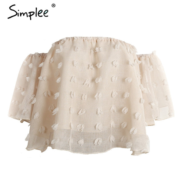 Simplee Sexy off shoulder chiffon blouse women Summer flare sleeve lace blouse Elegant beach party blusas 2017