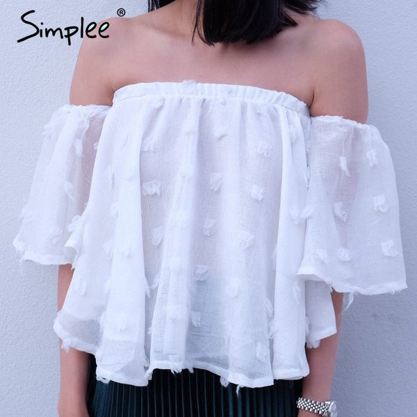 Simplee Sexy off shoulder chiffon blouse women Summer flare sleeve lace blouse Elegant beach party blusas 2017