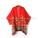 Summer Style Fashion Women's Vintage Flower Print Red Chiffon Blouse Shirt Women Loose Chiffon Kimono Cardigan