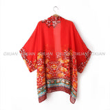 Summer Style Fashion Women's Vintage Flower Print Red Chiffon Blouse Shirt Women Loose Chiffon Kimono Cardigan