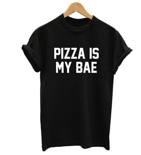 Summer women's top pizza is my bae letters printing t shirt 2015 slim fun sexy white top black tee