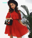 TAOVK new fashion Women's Summer dress Pleated High waist dress Lotus leaf side Dew shoulder dress