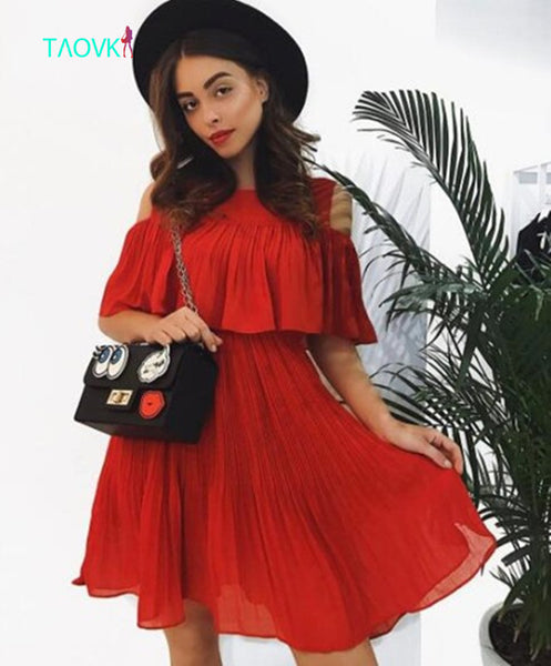 TAOVK new fashion Women's Summer dress Pleated High waist dress Lotus leaf side Dew shoulder dress