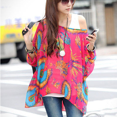Women's Chiffon Tops 2017 New Fashion Summer Shirt Boho Style Batwing Casual Blouses Blusas 4XL 5XL 6XL Plus Size Women Clothing