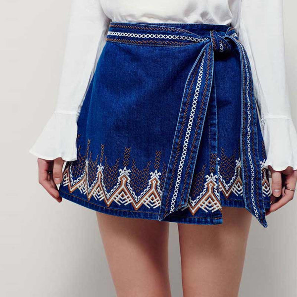skirt denim embroidery mini empire navy summer sexy boho bohemian hippie chic style people brand women clothing 2017